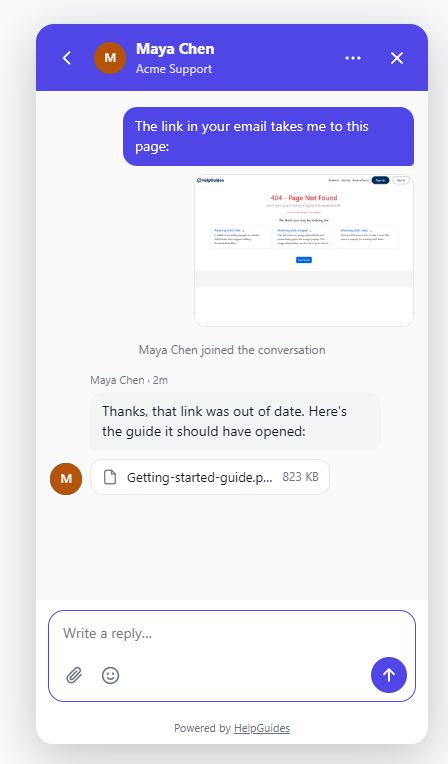 A conversation with a screenshot the visitor sent and a PDF the teammate sent back