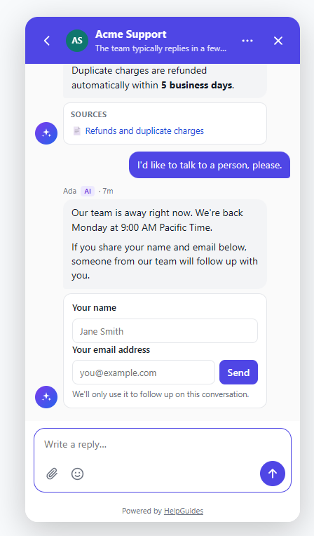 The messenger after asking for a person while the team is away, with a form for the visitor name and email address