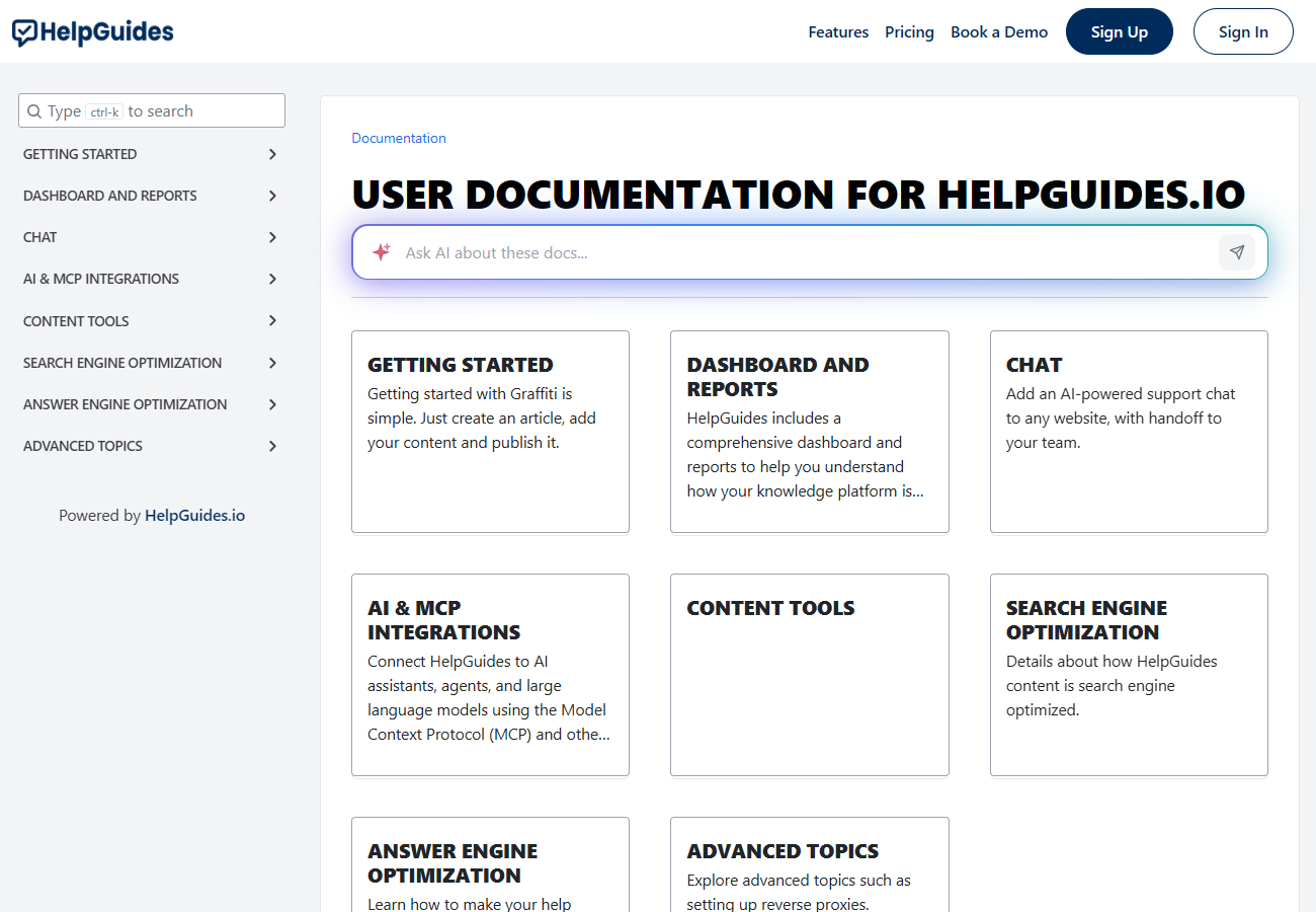 Public docs home page with the category grid and sidebar menu