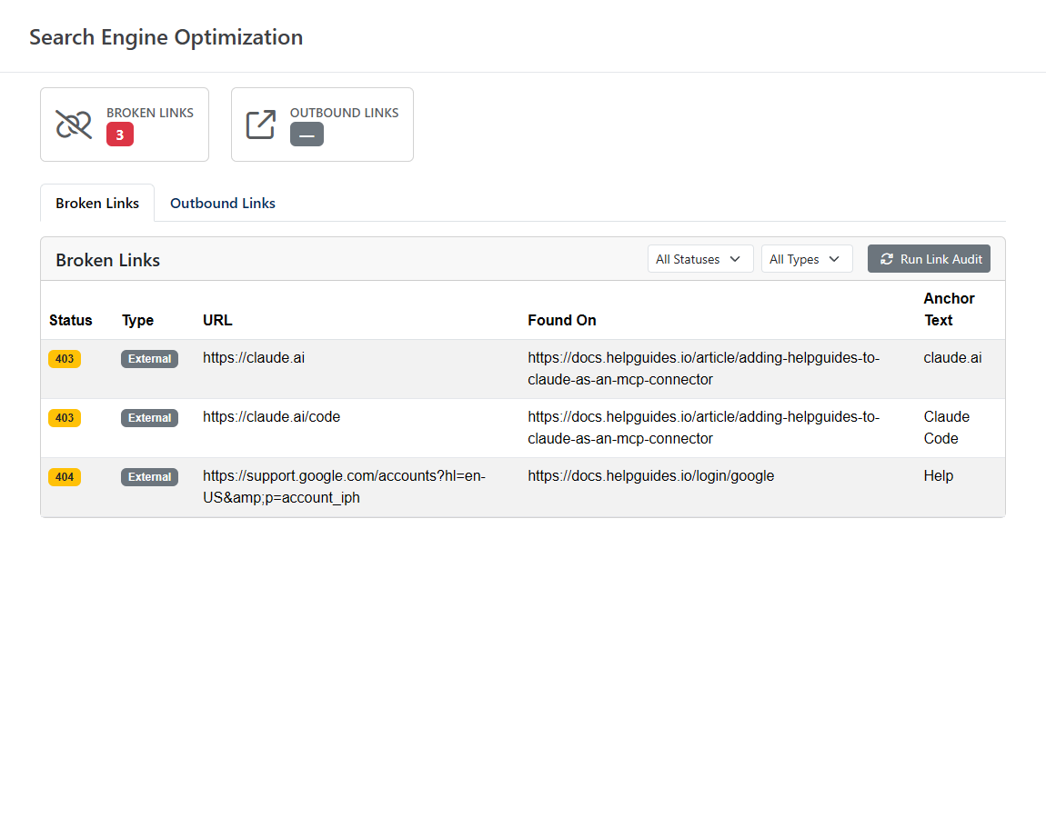 SEO page Broken Links tab listing links with status, type, URL and where they were found