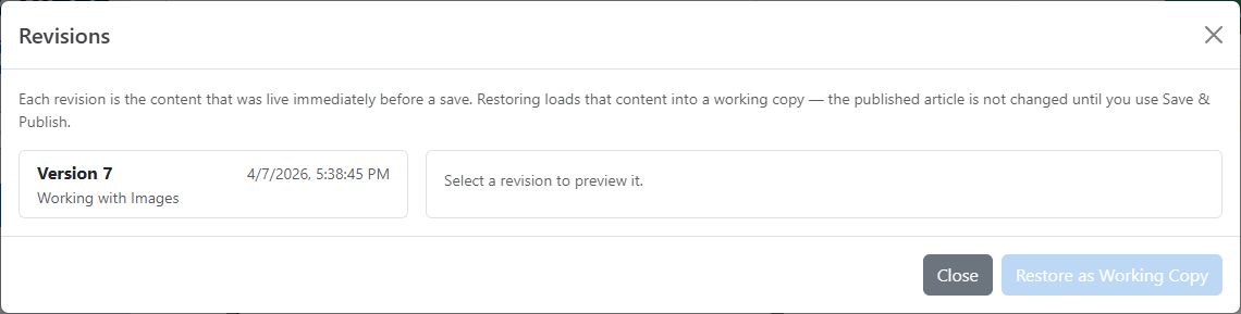 Revisions dialog with a version list and Restore as Working Copy