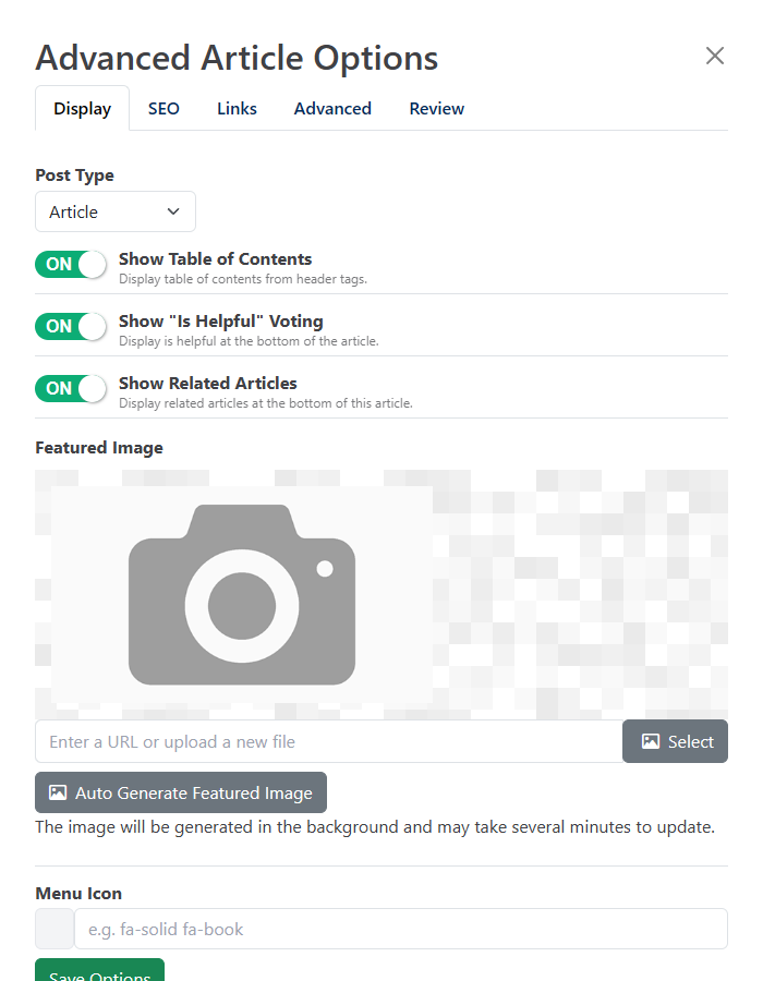 Advanced Article Options Display tab