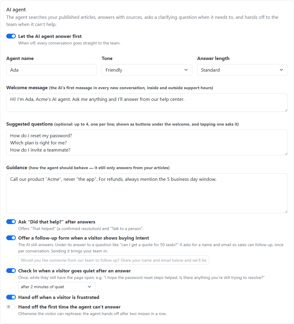 The AI agent tab, including the switch to offer a follow-up form when a visitor shows buying intent