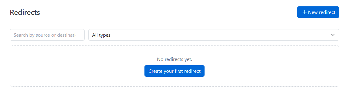 Redirects page with search, type filter and New redirect