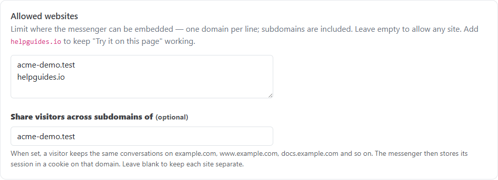 The Allowed websites section with a list of allowed domains and the Share visitors across subdomains of box