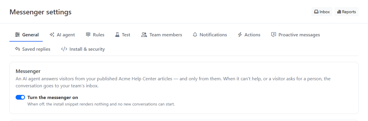 Messenger settings with its tabs along the top and the General tab open, showing the Turn the messenger on switch
