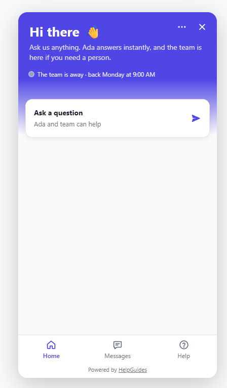 The messenger Home screen outside support hours, reading The team is away and when they are back