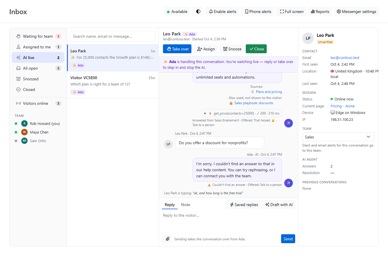 An AI answer in the inbox showing which knowledge source it answered from