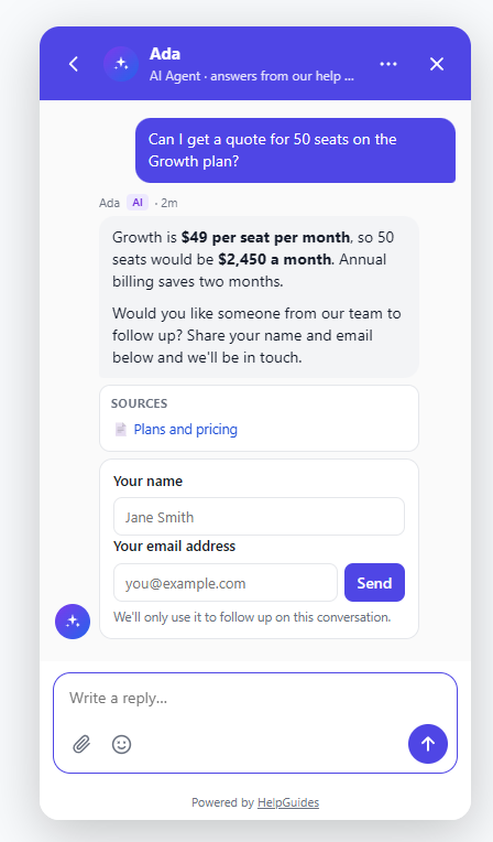 An AI answer to a pricing question with a name and email form underneath