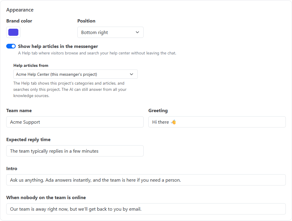 Appearance settings including Show help articles in the messenger and Help articles from