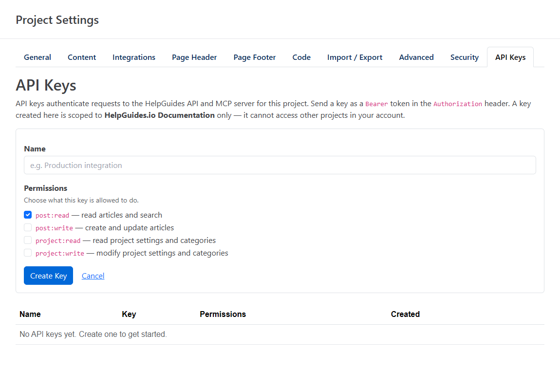 Create API key form with a name and permission checkboxes