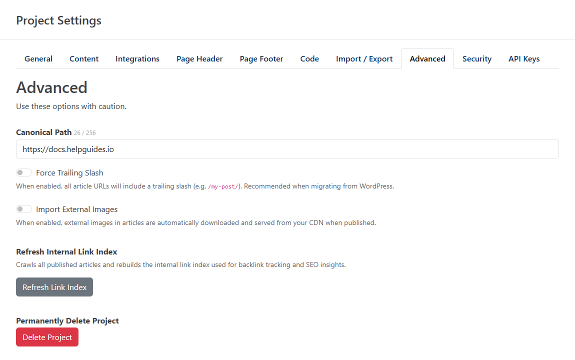 Advanced tab with Canonical Path, Force Trailing Slash, Import External Images, Refresh Link Index and Delete Project
