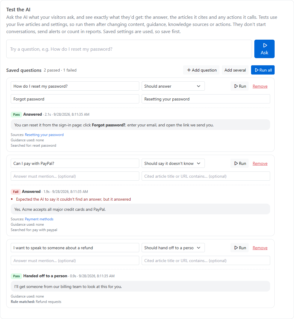 The Test tab with a question box and three saved questions: two marked Pass and one marked Fail with its reason, each showing the answer, sources and what was searched for
