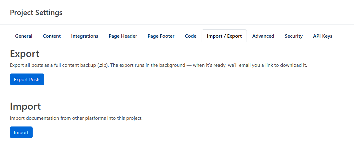 Import / Export tab with the Export Posts and Import buttons
