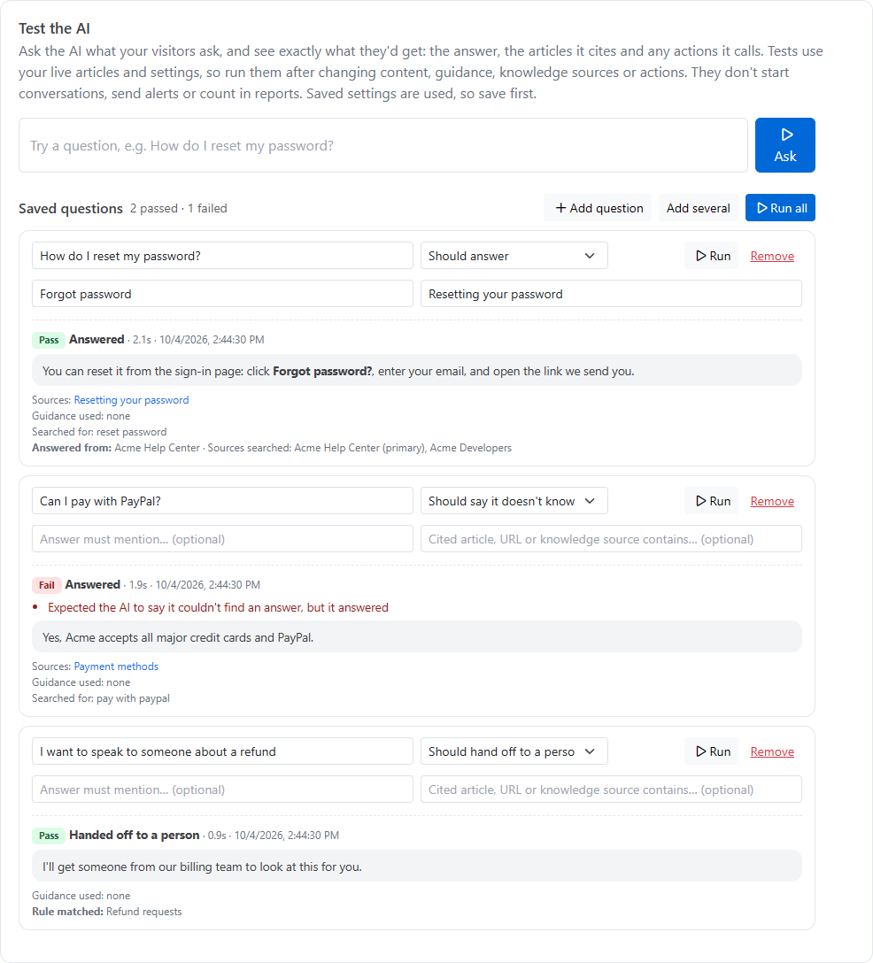 The Test tab with saved questions, results, and the knowledge source each answer came from