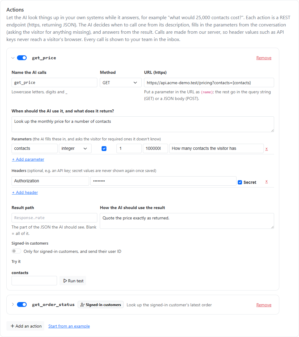 The Actions tab with a pricing action open, showing its name, method, URL, description, a contacts parameter, a secret Authorization header, result instructions and Try it, and a second collapsed action for signed-in customers