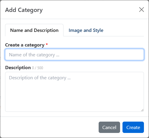 Add Category dialog with Name and Description and Image and Style tabs