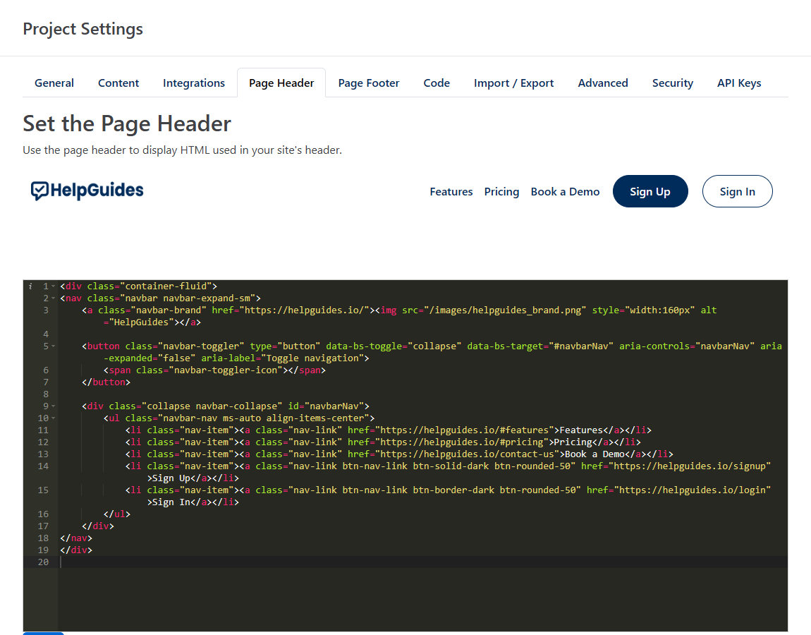 Page Header tab with a live preview above the HTML editor
