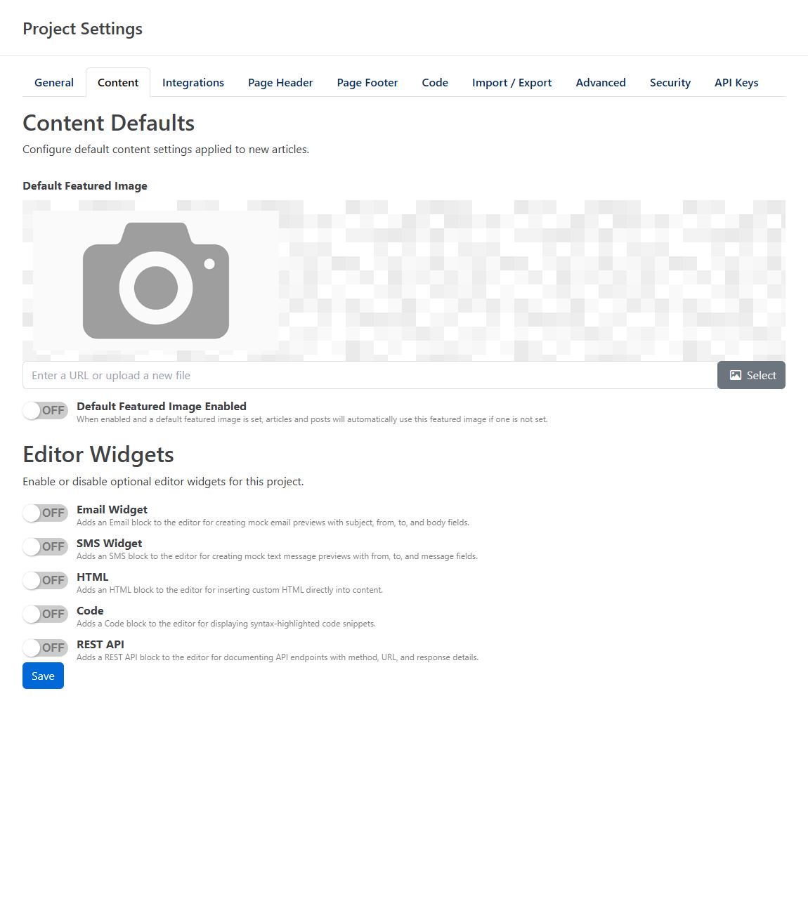 Settings Content tab Editor Widgets switches