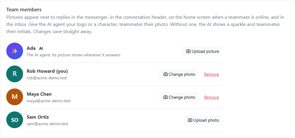 The Team members tab with the AI agent first and an Upload picture button