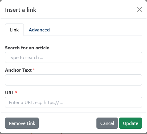 Insert a link dialog with article search, anchor text and URL