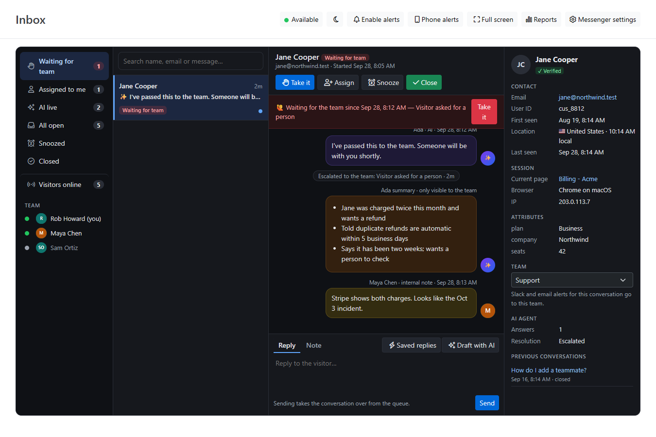 The inbox in dark mode