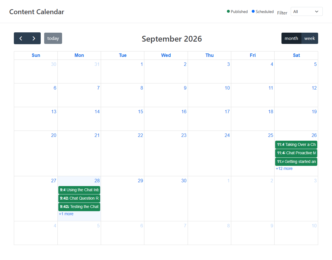 The Calendar page showing published articles by month
