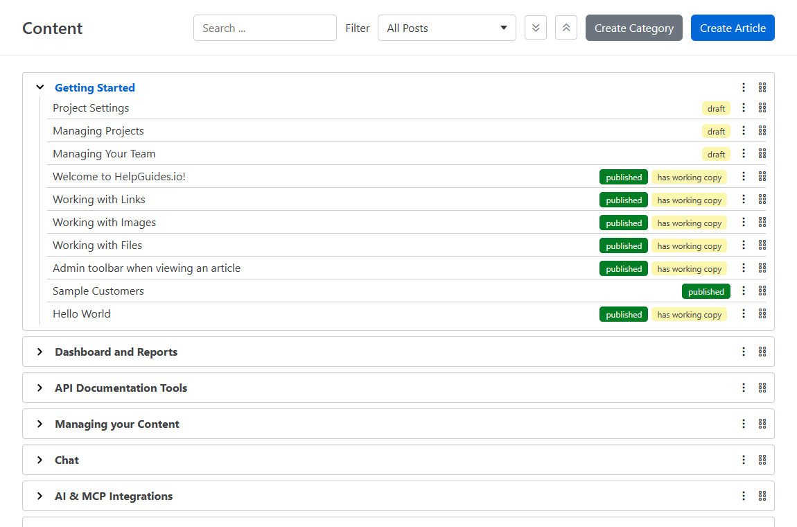 Content page with categories and one category expanded to show its articles