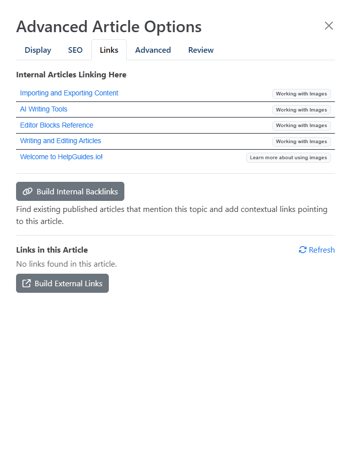 Advanced Article Options Links tab