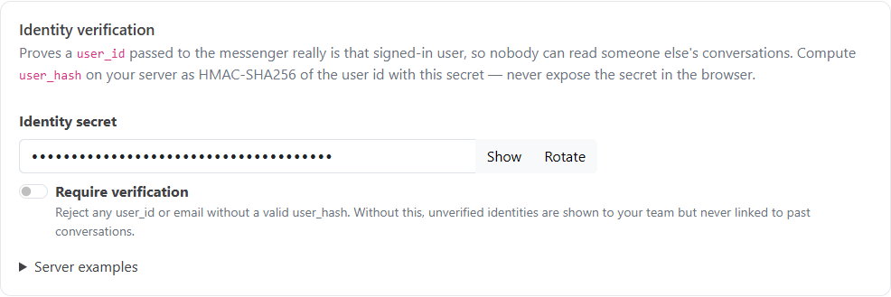 The Identity verification section with the hidden identity secret, Show and Rotate buttons, and the Require verification switch