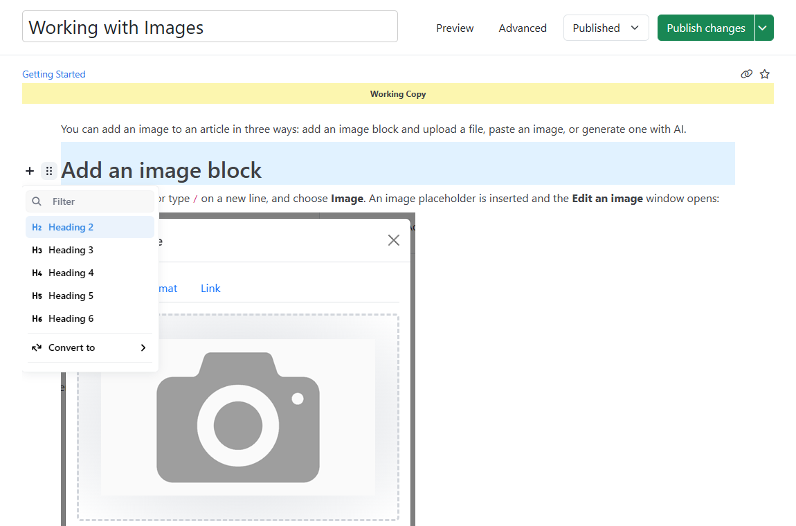 A heading block tune menu with heading levels and Convert to