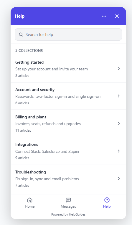 The Help tab with a search box and the help center collections