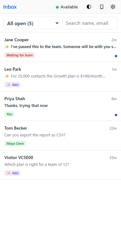 The inbox on a phone: a view picker and search at the top, then the list of open conversations with who is handling each