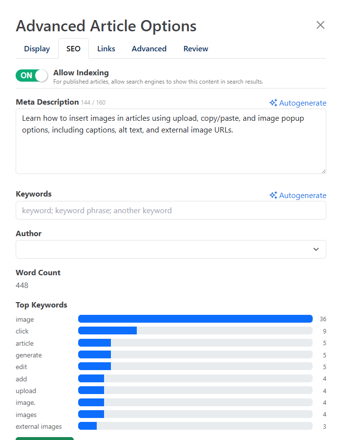 Advanced Article Options SEO tab