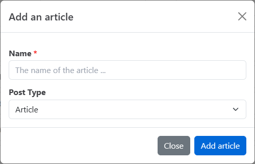 Add an article dialog with Name and Post Type